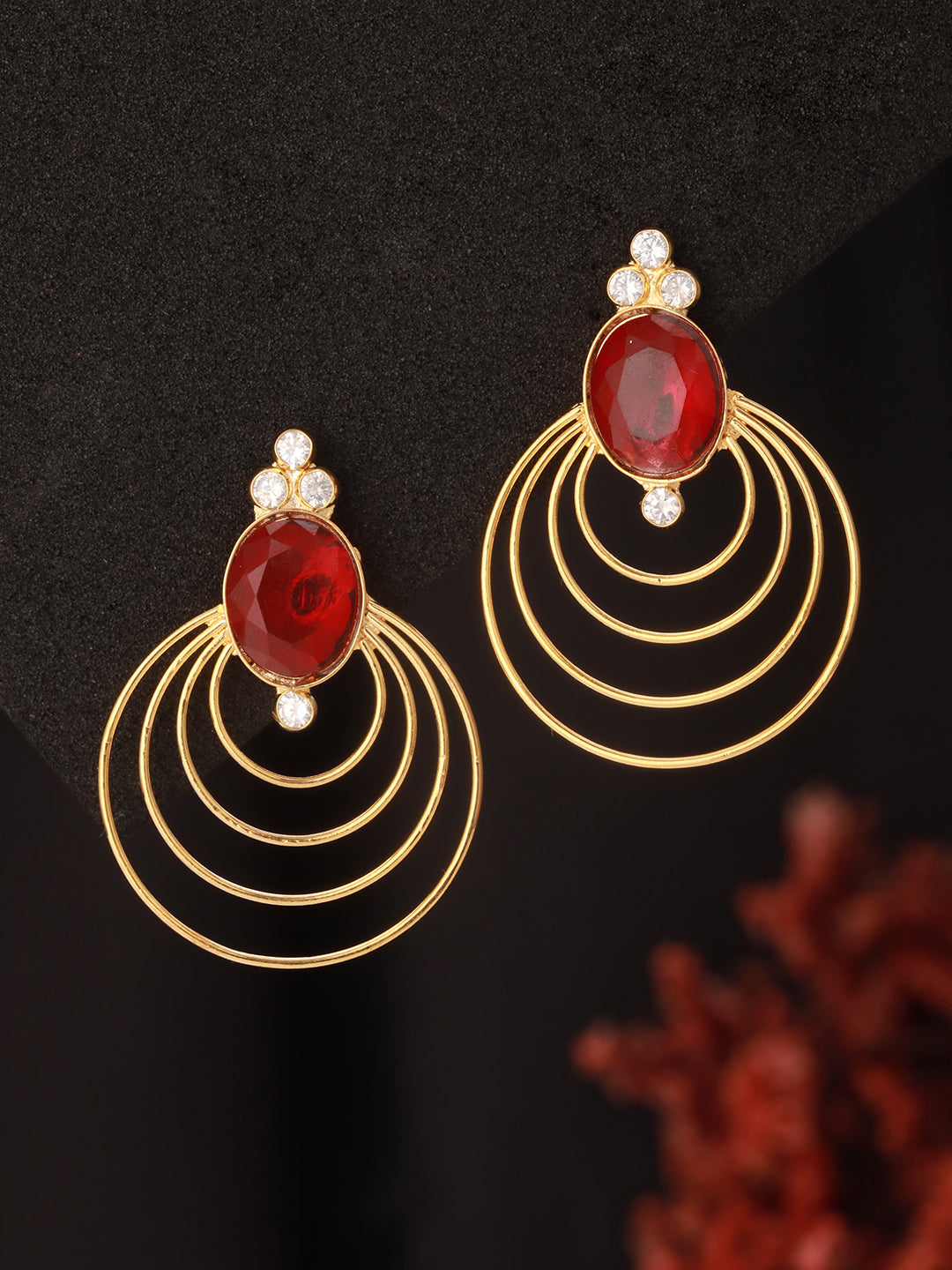 24K Gold Plated Red Ruby Circular Minimal Chunky  Chandbali Luxe Studds Earrings